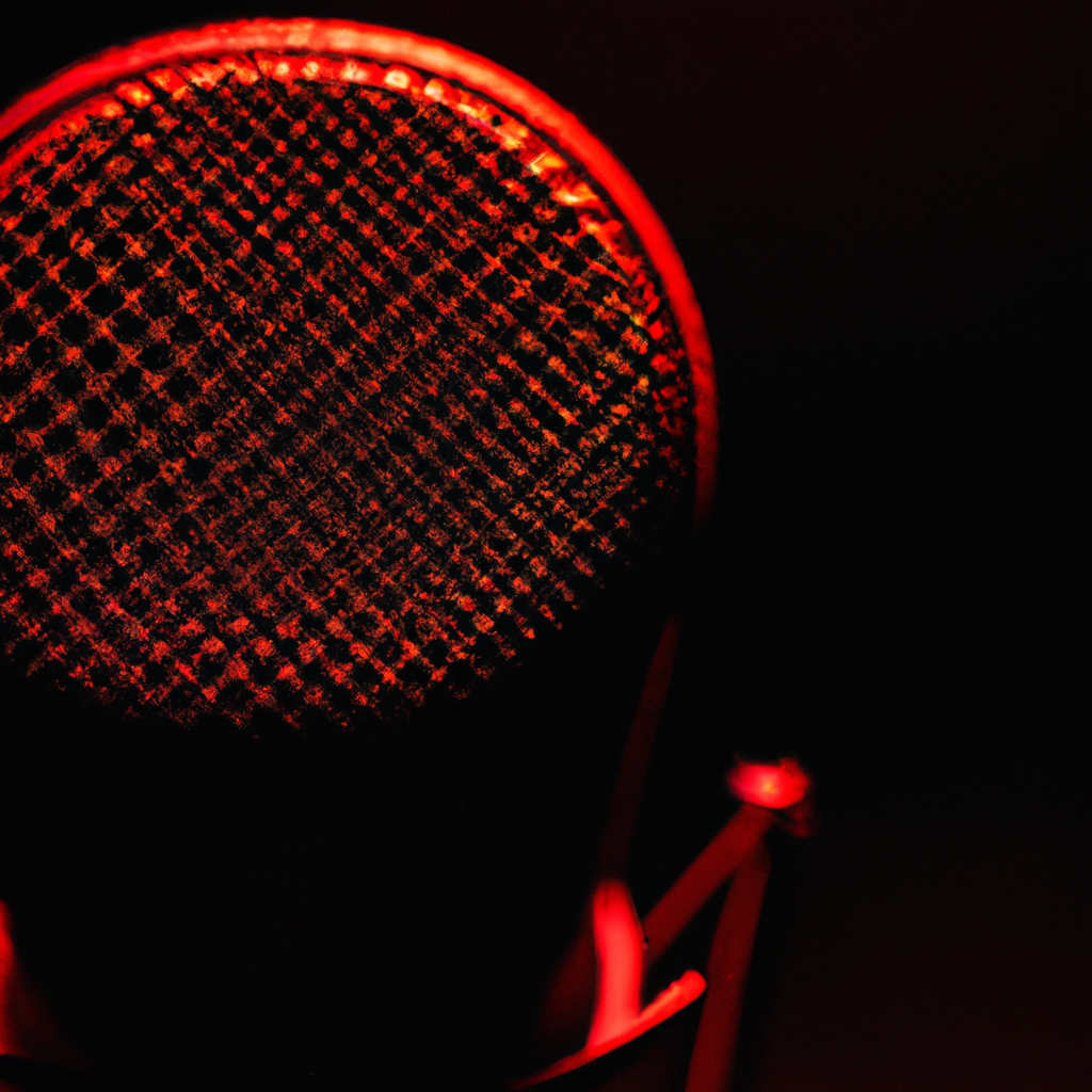 Narrador grabando un audiolibro en una cabina minimalista con micrófono de condensador