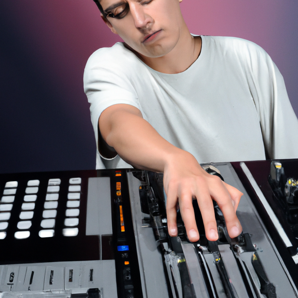 Técnico de estudio ajustando mesa de mezclas